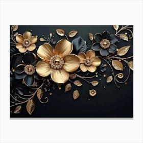 3d Artwork Illustration Background with Golden Jewelry and Flowers, In Black Design Canvas Print