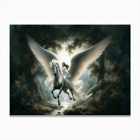 A Light In The Dark, A majestic white Pegasus with expansive wings soars with an ethereal rider through a mystical forest. Sunlight filters through the canopy, illuminating the misty ambiance of this enchanting scene. classic art Canvas Print