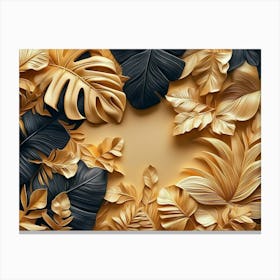 3d Tropical Leaves Art Background Golden Artwork Canvas Print