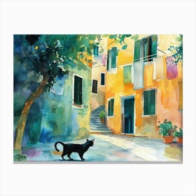 Black Cat In Pescara, Italy, Street Art Watercolour Painting 2 Canvas Print