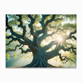 An Ancient, Sprawling Oak Tree With Massive Roots Bathed In Golden Sunlight, Symbolizing Strength, Wisdom, And Longevity Canvas Print