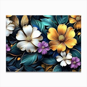 3D Art with Colorful Flowers and Leaves Canvas Print