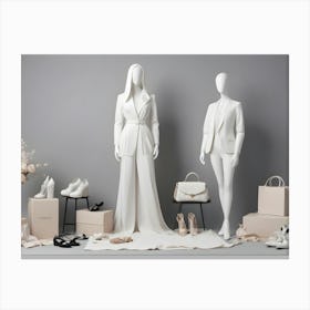 Two Mannequins Dressed In White Clothing, One A Dress And One A Suit, Stand In A Shop Display With Shoes And Accessories Around Them, Representing Fashion, Style, And A Bridal Shop Canvas Print