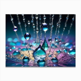 Colorful Water Drops Collide In Mid Air, Forming Intricate Sculptures And Reflecting A Spectrum Of Light Canvas Print