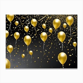 A Collection Of Gold Balloons Floating Against A Black Background With Gold Confetti, Creating A Festive And Celebratory Atmosphere Canvas Print