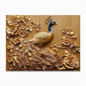 Golden 3d Peacock on Wooden Circle Canvas Print