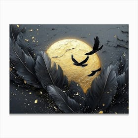 3d Dark Gray, Golden And Black Feathers With The Moon Canvas Print