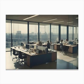 Modern Office Interior With Employees Working At Their Desks, Bathed In The Warm Sunlight Streaming Through Large Windows With A City View Canvas Print