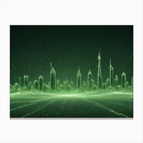 An Abstract Image Of A Cityscape Outlined In Green Glowing Lines, With A Grid Like Pattern Representing A Digital Network Or Cityscape Canvas Print