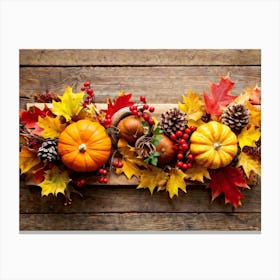 Autumn Themed Table Decor Featuring An Assortment Of Yellow And Orange Leaves Acorns Amidst A Garde (3) Canvas Print