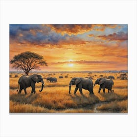 Savannah Symphony: Life in Harmon Elephants At Sunset Canvas Print