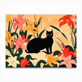 Black Cat In Lilies Canvas Print