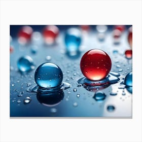 Two Large Water Droplets, One Blue And One Red, Sit On A Blue Surface, With Other Smaller Water Droplets Around Them Canvas Print