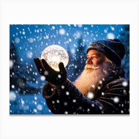 A Snowy Holiday Evening Time Scene Featuring A Man Holding A Luminous Orb That Glimmers With Encapsu (1) Canvas Print