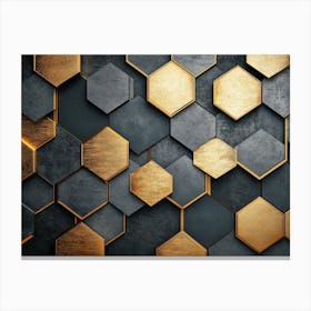 3d Hexagonal Art On With A Mix Of Metallic Gold And Dark Grey Textures On A Striped Backdrop Canvas Print