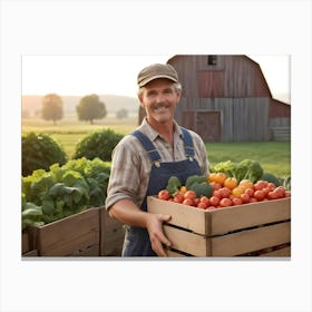 Smiling Farmer Holding A Crate Of Fresh Produce In A Field 6 Canvas Print