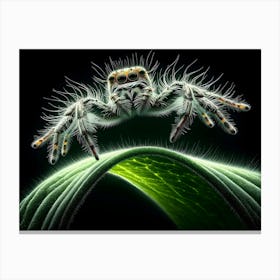 Cute jumping spider On A green leaf macro Leaf Canvas Print