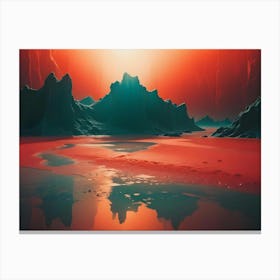 An Otherworldly Landscape With Teal Mountains Rising From A Red Desert With A Shimmering Lake Reflecting The Sky And A Vibrant Red Sun Canvas Print