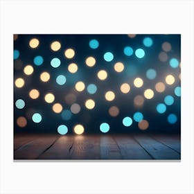 A Warm And Inviting Background With A Wooden Floor In The Foreground And A Blurred Background Of Blue And Yellow Bokeh Lights Canvas Print