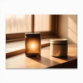 Photo Of Two Glass Jars On A Wooden Surface, Lit By Sunlight Shining Through The Window Canvas Print