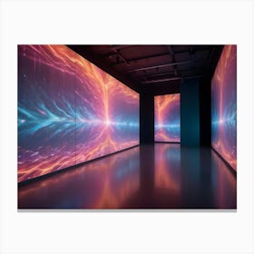 A Modern, Futuristic Gallery Space With Walls Illuminated By Large Digital Screens Displaying Vibrant, Abstract Imagery In Shades Of Pink, Blue, And Orange Canvas Print