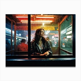 Late Evening Street Photography A Serenely Pensive Woman Perched Inside A Bus Shelter Surrounded B Canvas Print