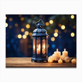 Blue Lantern With Candles On Wooden Table Canvas Print