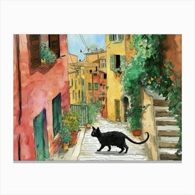 Black Cat In Rome, Italy, Street Art Watercolour Painting 4 Canvas Print