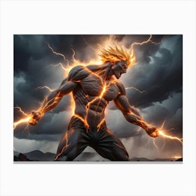 A Powerful, Muscular Male Figure With Glowing Yellow Hair And Eyes, Surrounded By Bolts Of Electricity, Stands Defiantly Against A Stormy Sky Canvas Print