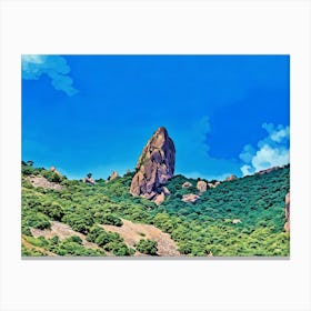 Majestic Rocky Peak Under a Clear Blue Sky. The image depicts a stunning natural landscape featuring a prominent rocky peak rising above a lush, green hillside. The sky is a vibrant blue with a few scattered clouds, adding to the serene and picturesque quality of the scene. The rocky formations and dense vegetation create a striking contrast, making the image visually captivating. Canvas Print