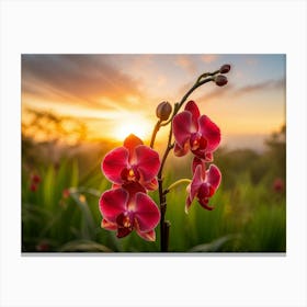 Red Orchids Bursting Open Petals Display A Gradient From Burgundy To Cherry Center Stage In A Lush Canvas Print