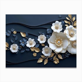 3d White And Blue Background With Golden Jewelry And Flowers In Black Design Canvas Print