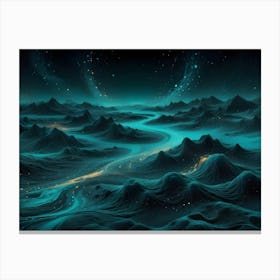 A Glowing, Turquoise River Flows Through A Dark, Alien Landscape Of Rolling Hills Under A Starry Sky Canvas Print