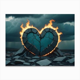 A Broken, Blue Heart Is Engulfed In Flames, Standing In A Desolate Landscape, Representing Heartbreak And Loss Canvas Print