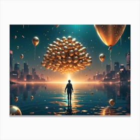 A Man Standing In Water With A Large Cluster Of Golden Balloons Rising Above Him In A Futuristic Cityscape Canvas Print