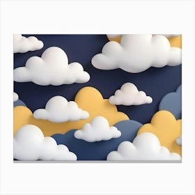 3d Rendering Of Cartoonish White Clouds Floating Over Blue And Yellow Hills Against A Dark Blue Background Canvas Print