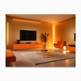 A Modern Living Room Interior With An Orange Sofa, A Glass Coffee Table, A Plant, A Tv, And A Chair Canvas Print