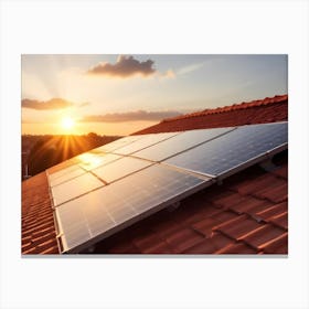 Residential House Roof With Solar Panels At Sunset Canvas Print