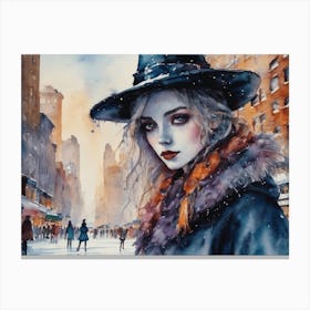 Watercolor Witch in New York City Ice Skating Rink NY Witchy Goth Girl Art Snowing Winter Scene Christmas Yule Iconic Wicca Pale Faced Beautiful Woman in a Hat Fairytale Magical Gallery Feature Wall HD Canvas Print