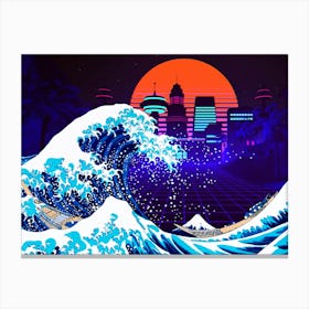 Synthwave Space: The Great Wave off Kanagawa & City [synthwave/vaporwave/cyberpunk] — aesthetic poster, retrowave poster, neon poster Canvas Print