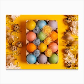 Colorful Easter Eggs On Yellow Background 1 Canvas Print