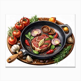 Steak In A Pan With Tomatoes, Onions, And Herbs Canvas Print