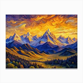 Van Gogh A Serene Mountain Range Bathed In The Gol Canvas Print