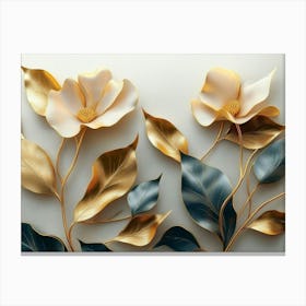 A White Sheet Of Paper Shows Flowers With Pink Petals, Golden Buds and Green Leaves 1 Canvas Print