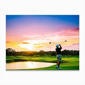 Golfer In Mid Swing Guitar Leveling Sunset Backdrop Serene Golf Course Shadows From Golf Clubs E (1) Stampe su tela