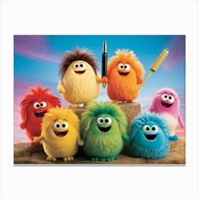 A Cluster Of Amiable Fuzzy Fantastical Beings Each Exhibiting A Distinct Special Talent With A Whi Canvas Print