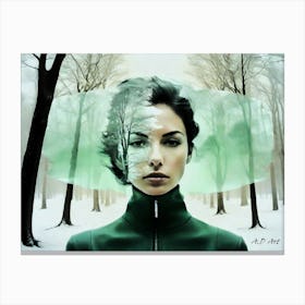 Women In Winter With A Green Contrast - Photo Realistic Painting Canvas Print