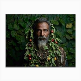 Portrait Of A Weathered Man With A Furrowed Face Standing Amidst A Myriad Of Vibrant Colored Leaves Canvas Print