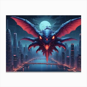 A Large, Menacing Dragon With Glowing Eyes Hovers Over A Futuristic Cityscape, Suggesting A Fantastical Or Apocalyptic Scenario Canvas Print