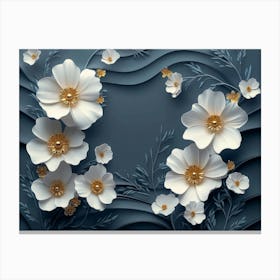 3d Artwork Illustration White And Blue Background With Golden Jewelry And Flowers, In Black Design 2 Canvas Print